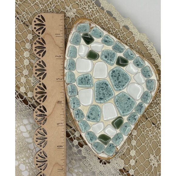 Vintage MCM Brass and Mosaic Tile Trinket Dish Blue White - Picture 6 of 6